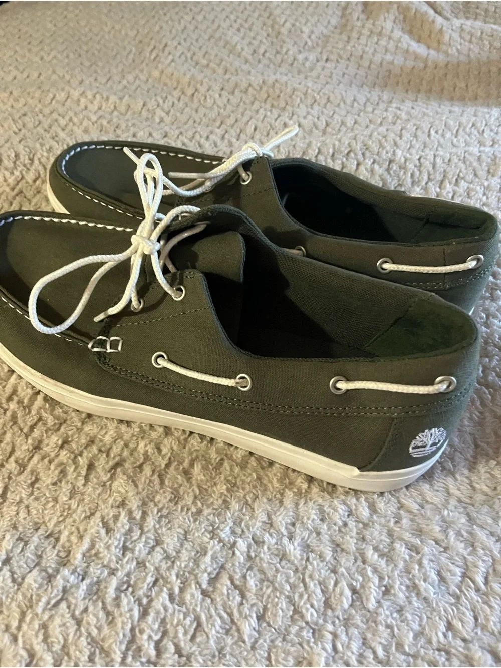 Timberland Men's Olive Green Canvas Boat Shoes with White Laces